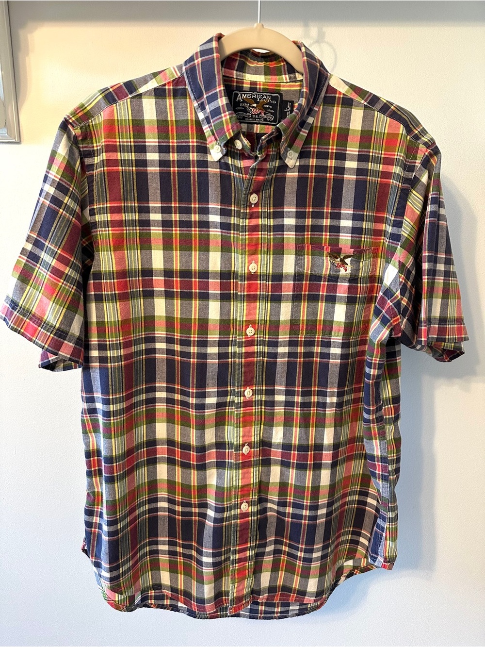 American Living Short-Sleeve Multi-color Plaid Button-Down Shirt (Navy/Green/Red